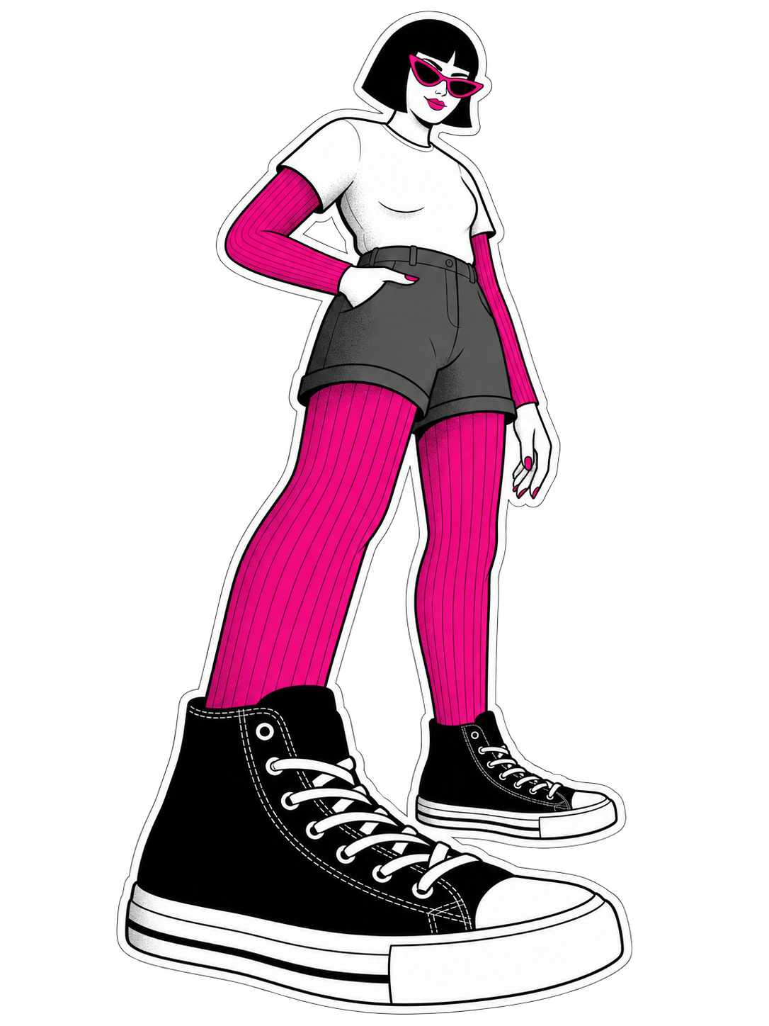 Illustration einer Frau mit pinken Ärmeln und Strümpfen